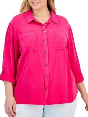 New DKNY Jeans  Tencil Button Front Top In Vibrant Pink Size 2X